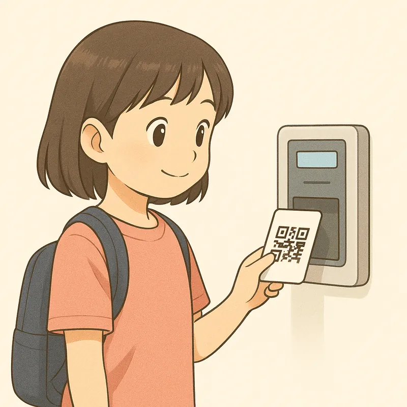 QRコードやバーコードで入室と退室を記録するイメージ