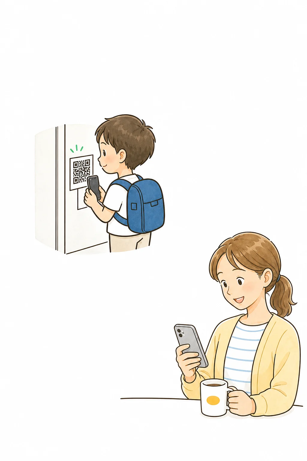 QRチェックインで入室と退室を記録し、保護者へLINE通知が届くイメージ