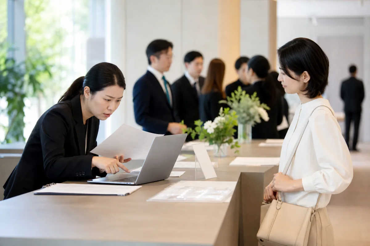 紙の名簿で来場者を確認する受付