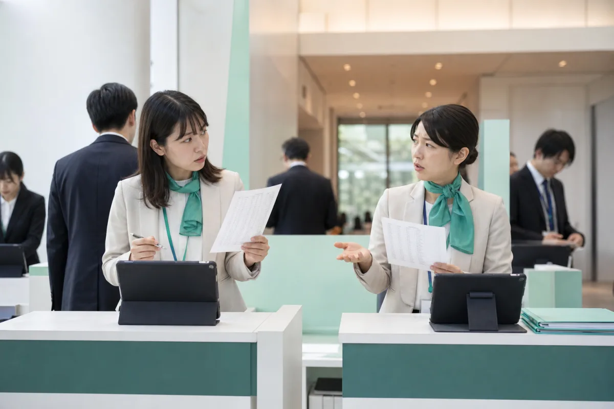 受付状況を担当者間で共有する様子