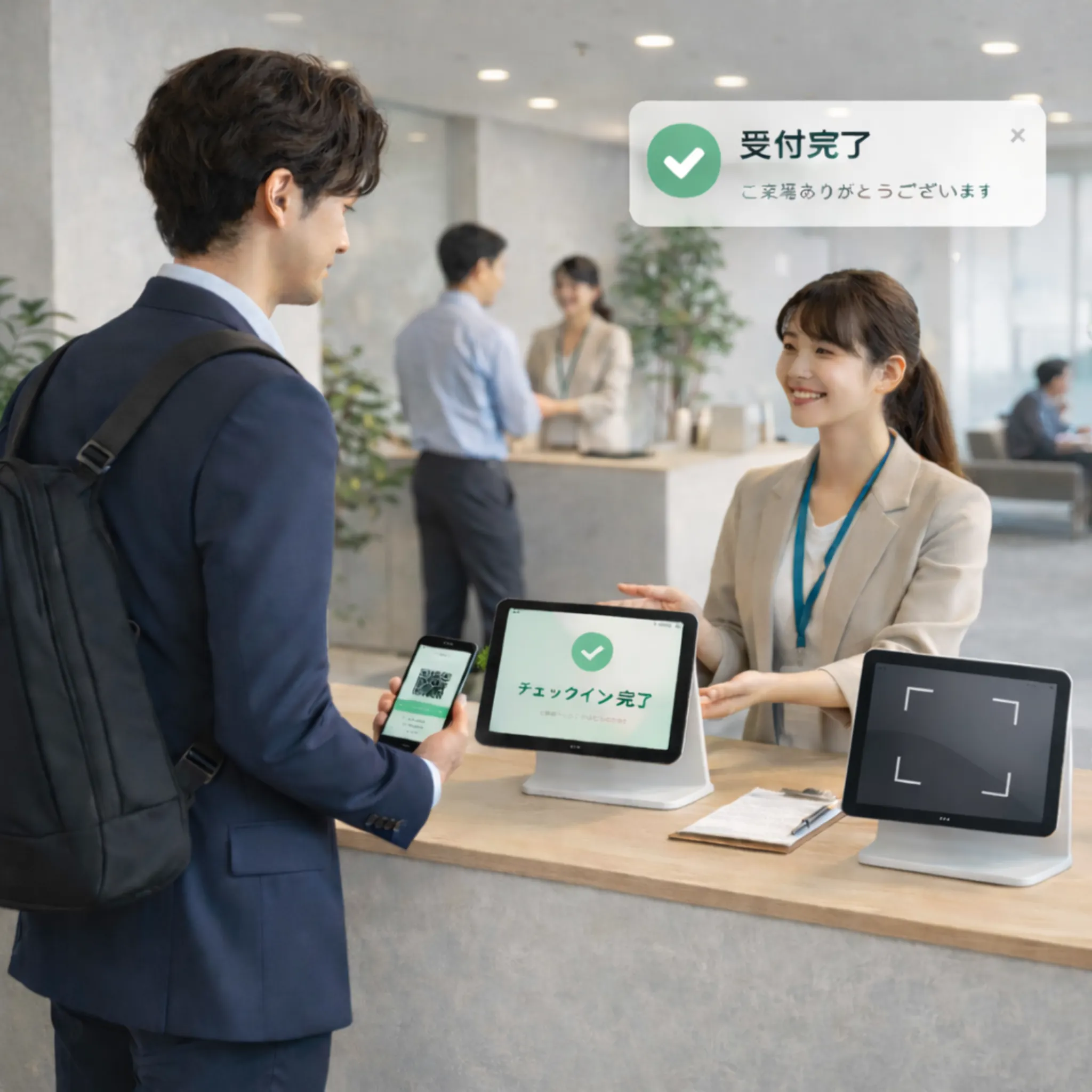 受付完了後の来場者に案内するスタッフ