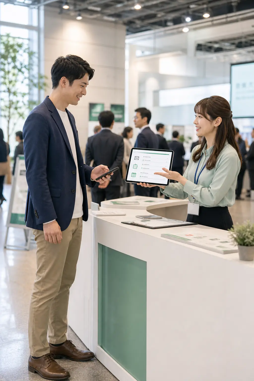 イベント後に来場者フォローを案内する受付スタッフ