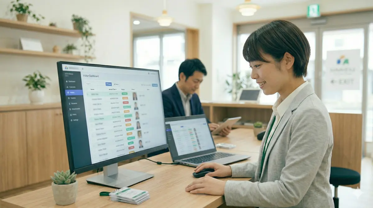 来場者の記録をパソコンで確認するスタッフ