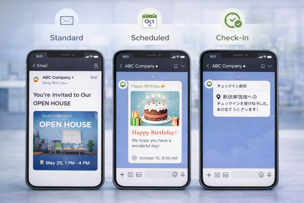 予約配信やチェックイン通知のスマートフォン画面