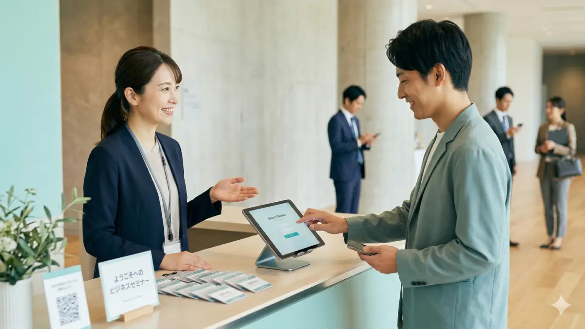 イベント受付でLINE案内をするスタッフ