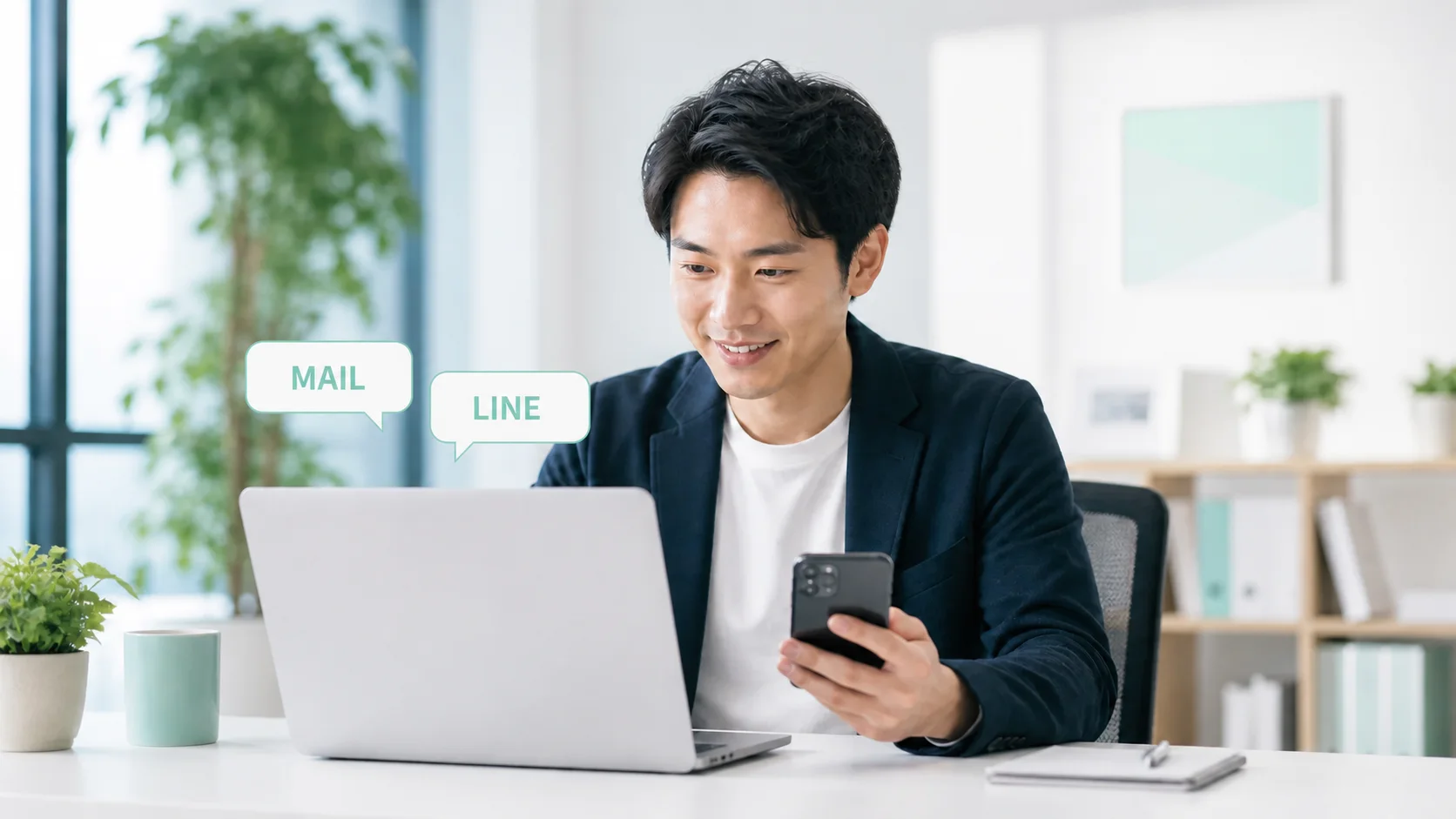 パソコンからメールとLINEで受付用QRコードを送る案内担当者