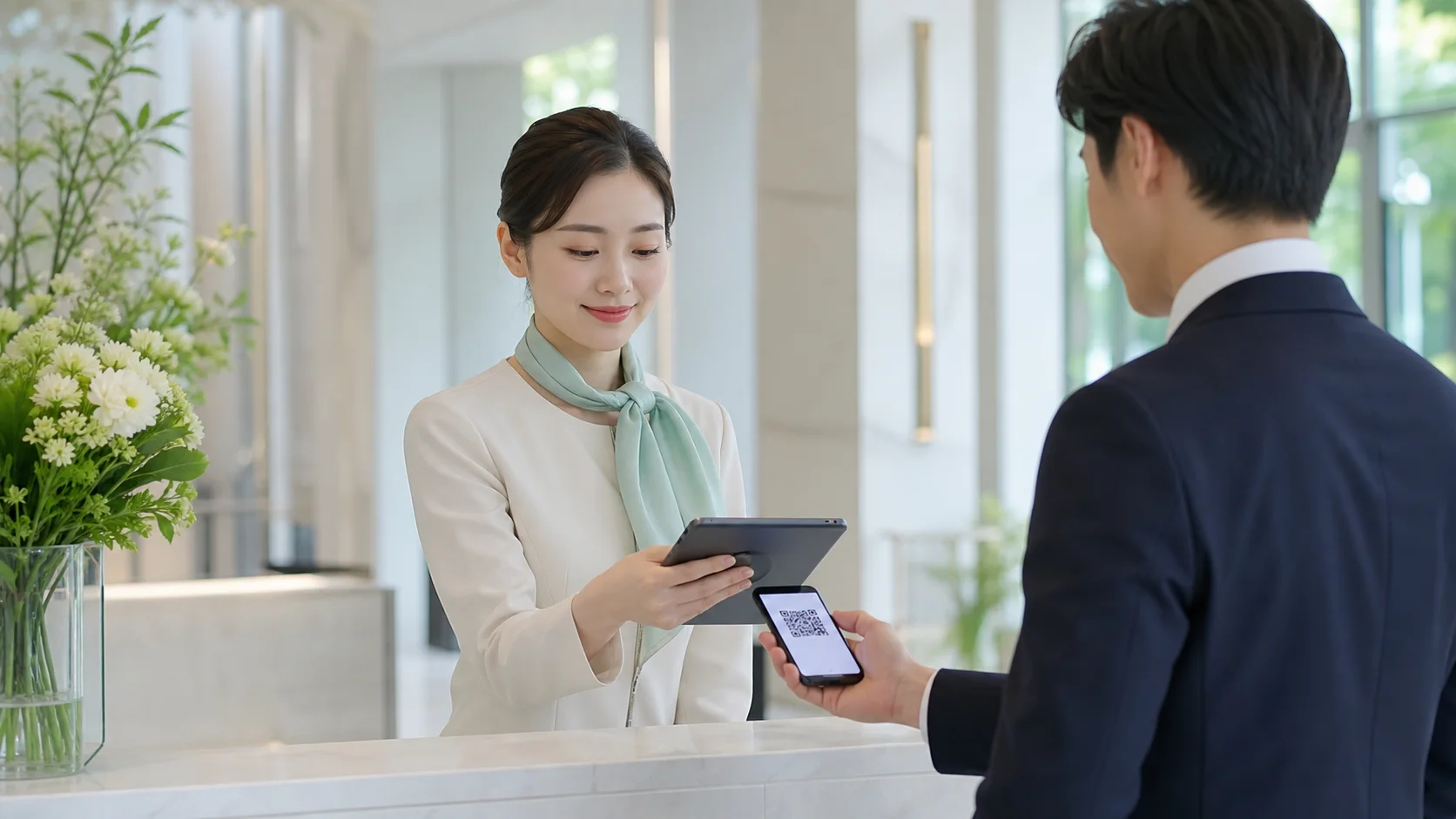 来場者のQRコードをタブレットで読み取る受付スタッフ