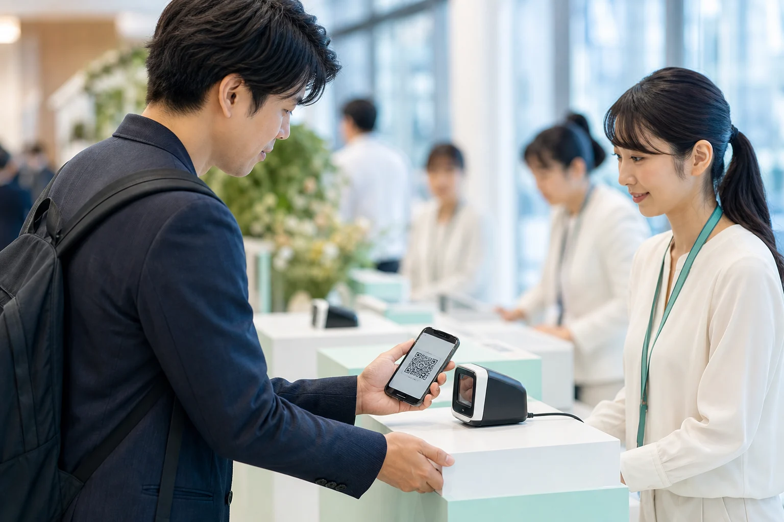 来場者がスマートフォンのQRコードを固定式QRリーダーにかざすイメージ