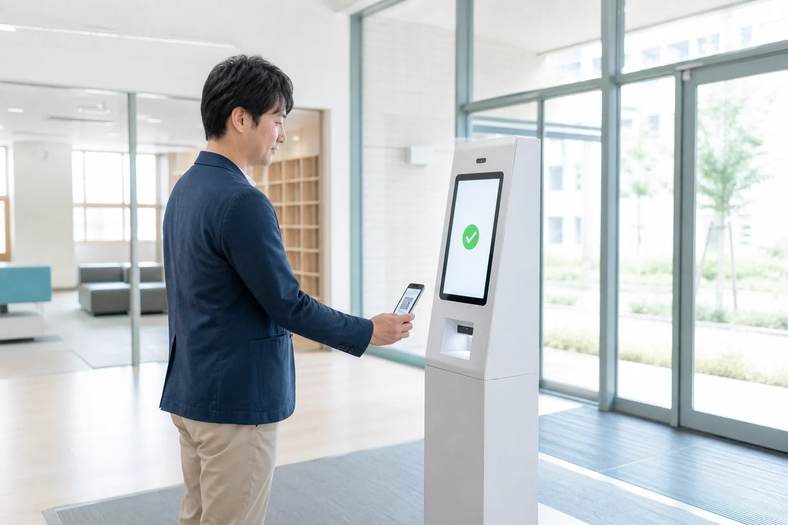 来場者が無人の受付端末にスマートフォンのQRコードをかざすイメージ