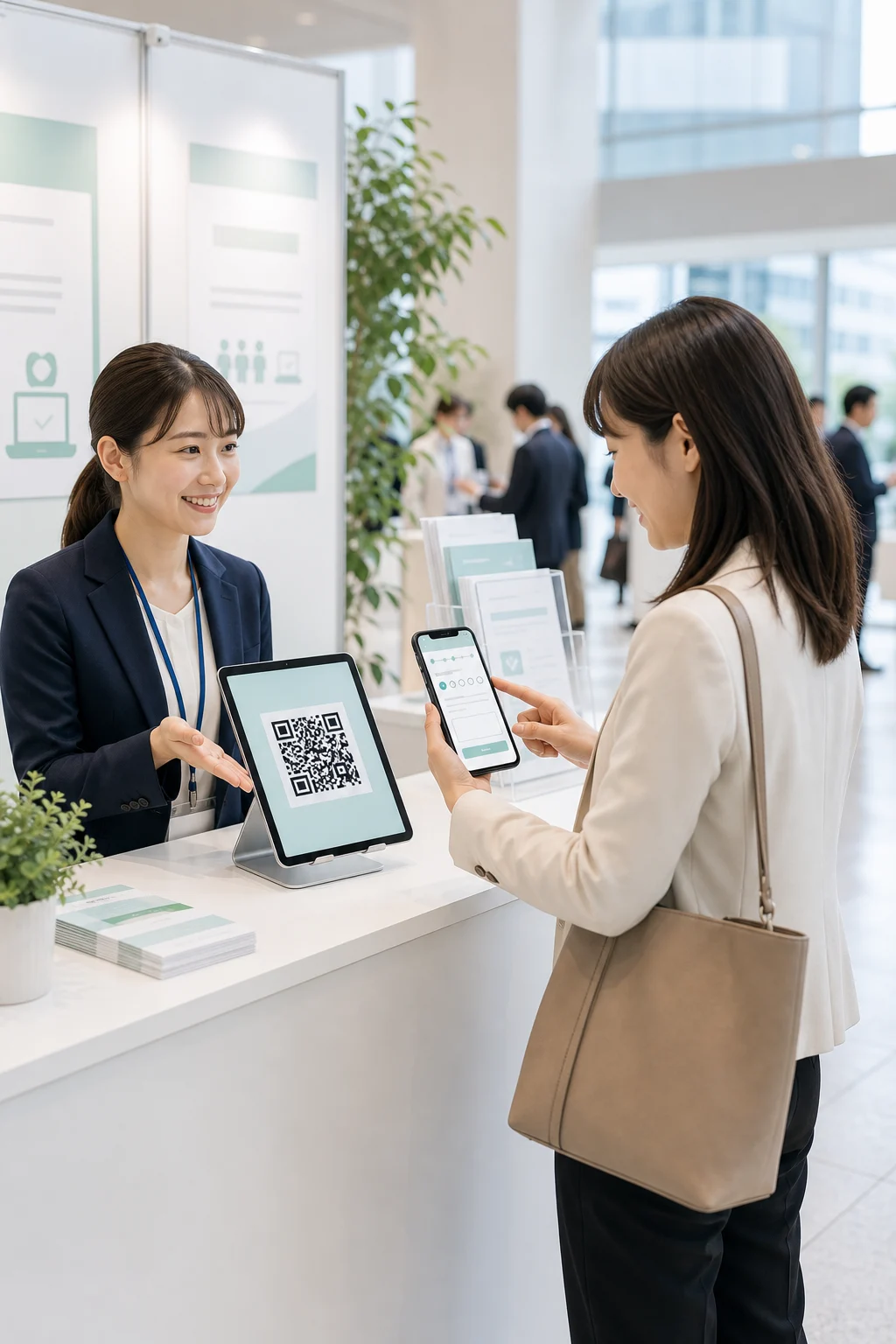 会場でQRコードを案内する受付